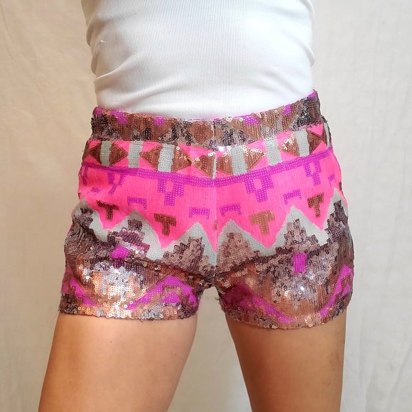 Y2K Bright Full Sequined Tribal Aztec Hot DIsco Shorts - Picture 2 of 8